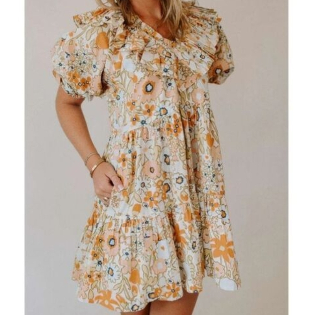 Cleobella Farrah Retro Peach, Olive & Blue Floral Ruffle‎ Mini Dress Size Small